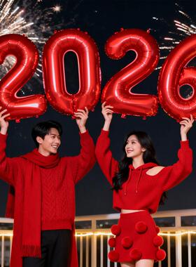 新年装饰元旦跨年夜2026红色数字气球过马年春节氛围手持拍照道具
