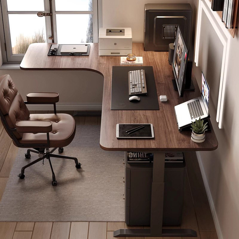 2026纯实木电动升降桌黑胡桃木转角书桌可调节型办公电脑桌子工作