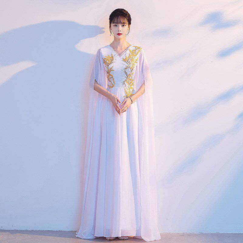 极速白色大d合唱团演出服女成人长裙气质优雅古筝演奏服装飘逸水