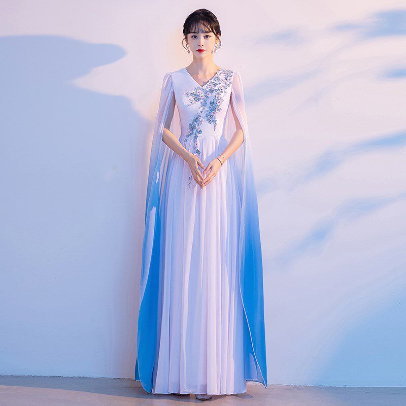 极速蓝色飘袖主持人晚礼服女仙y气长裙成人独唱古筝演奏大合唱演