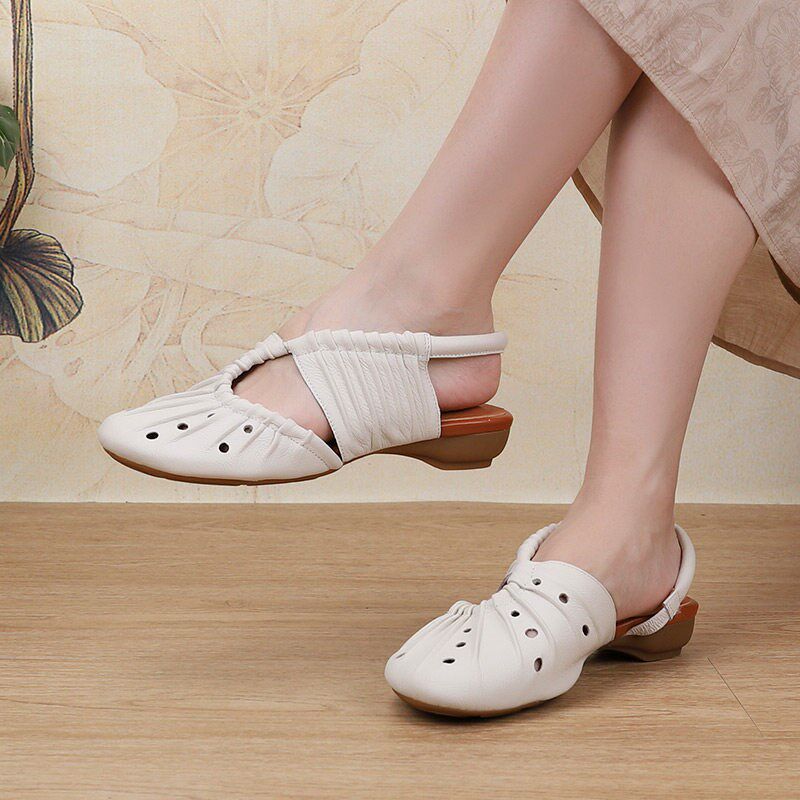 新品真皮复古包头平底休闲t女士洞洞凉鞋新款夏季外穿妈妈鞋舒适