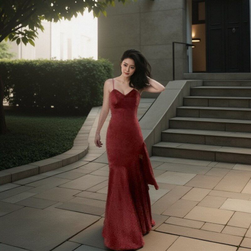 新品红色c订婚绝美轻礼服晨袍法式高端轻奢小众气质吊带长裙女日
