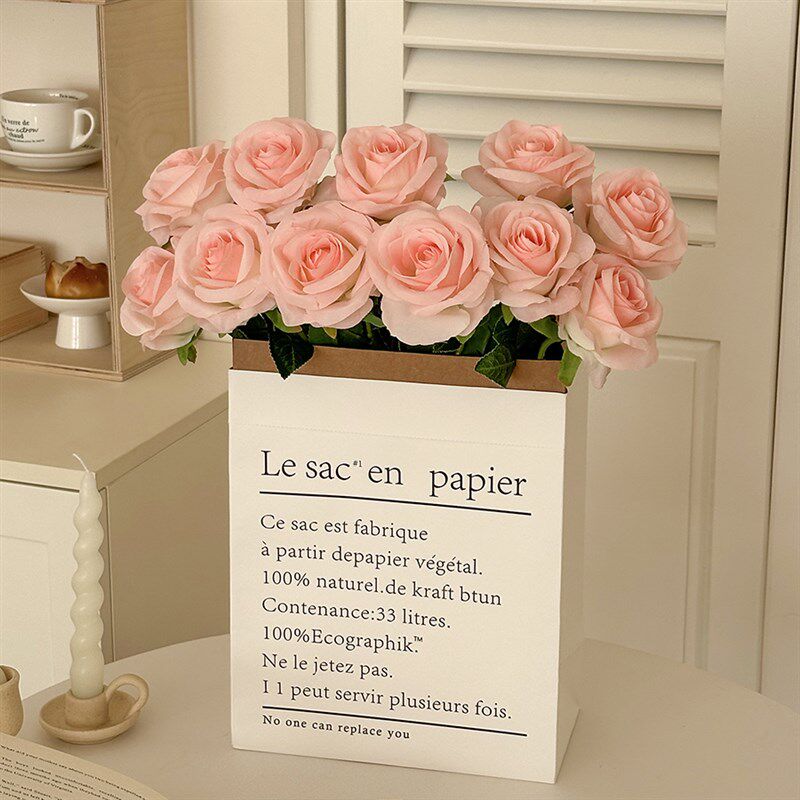 新品ins彩色玫瑰花假花仿真花纸袋套装J花束礼物摆设桌面摆件拍摄