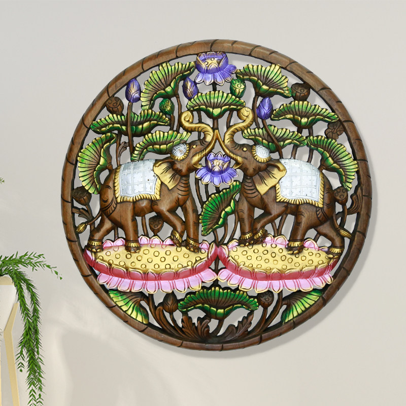 极速泰国柚木雕花板圆形大象实木挂板H玄关电视墙面软装饰画东南