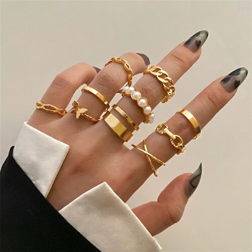 极速FNIO Punk Vintage Gold Wide Chain Rings PSet For Women G
