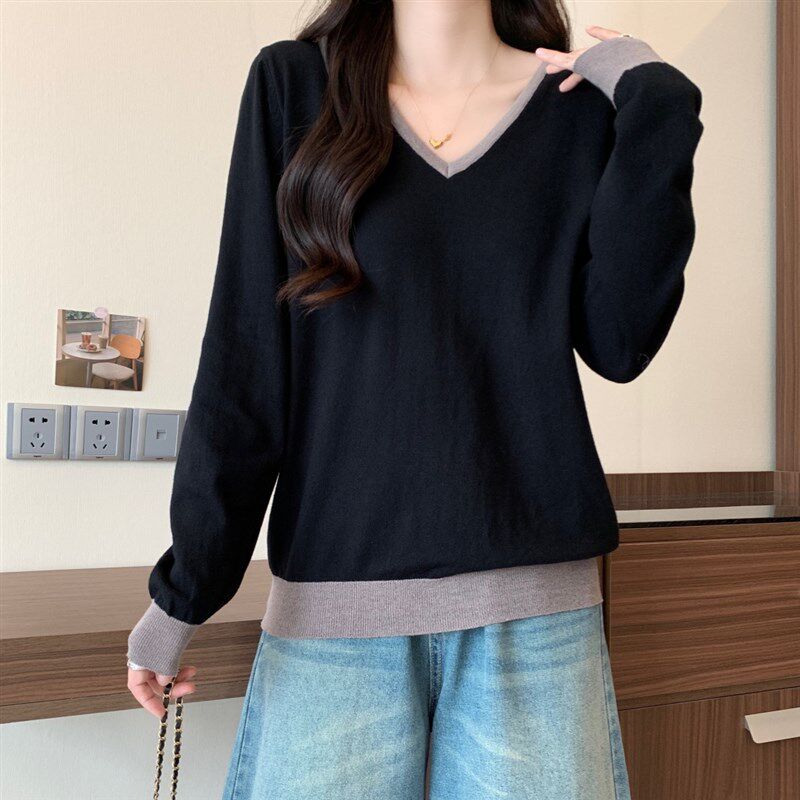 新品大码女秋g冬假两件V领针织打底衫胖mm显瘦宽松遮肚子洋气内搭