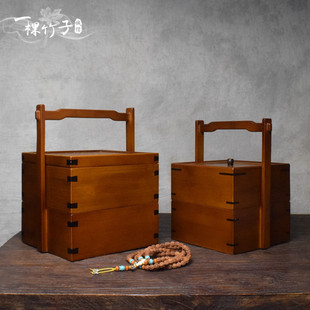 极速复古中式小食盒仿古r风竹编提篮多层复古手提茶点盒带盖茶具