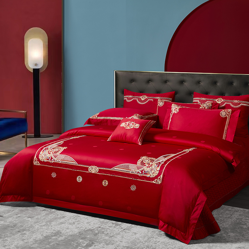 极速140支全棉婚庆四件套被套A大红色床上用品新婚嫁结婚十件套喜