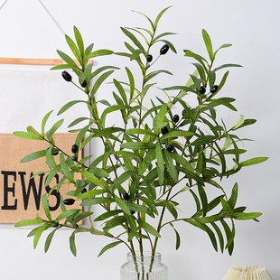 极速假花仿真橄榄树枝q人造植物绿色茎玉兰叶假浆果丝绸布叶插枝