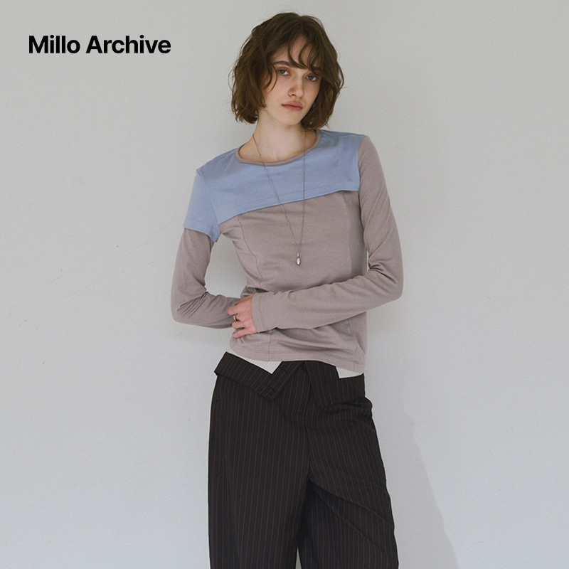 Millo Archive2025春季新款长袖拼色T恤修身显瘦打底衫女士上衣