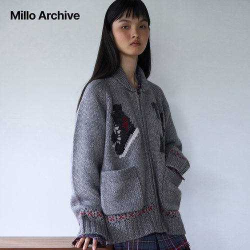 Millo Archive25冬款韩系拉链针织开衫女宽松毛衣外套复古学院风