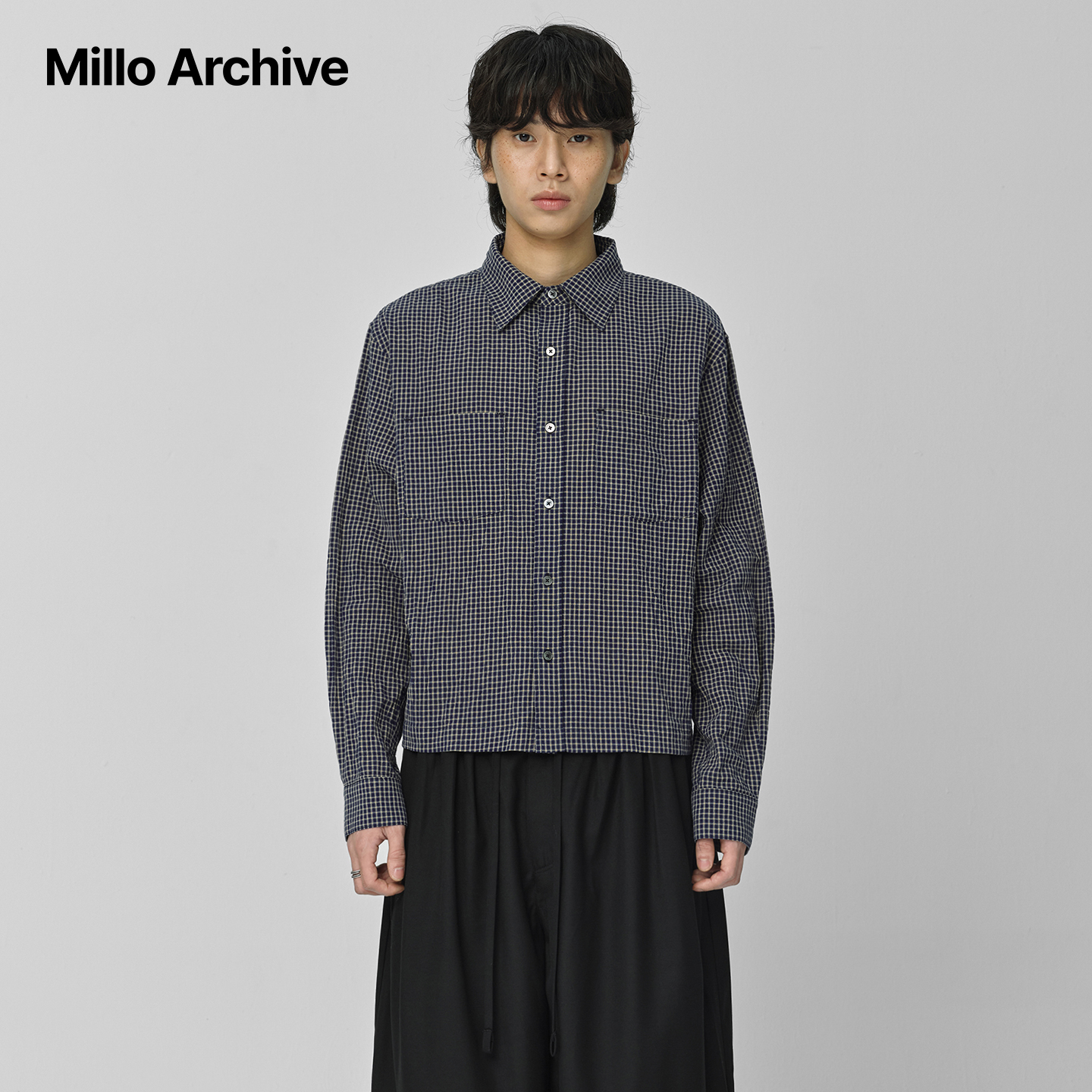 Millo Archive25秋冬简约休闲风男士格纹长袖衬衫宽松格子衬衣