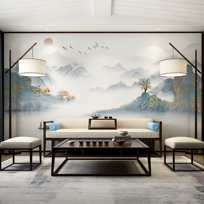 新中式电视背景墙壁纸山水墨画装饰客厅影视墙自粘墙贴定制壁画