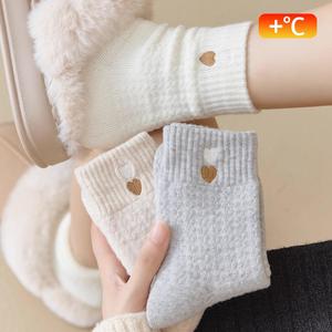 羊毛袜子女款秋冬加绒加厚可爱中筒堆堆袜冬季保暖月子袜爱心刺绣