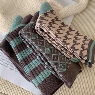 【4双装】 秋冬棕绿色小众复古调调羊绒保暖厚袜子菱格子百搭加厚