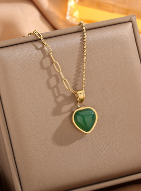 跨境热销几何型清新绿钛钢项链女爱心锁骨链女简约百搭潮流不掉色