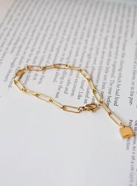 欧美ins冷淡风简约耐看基本款方形吊牌镂空链条钛钢金色手链女