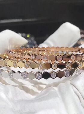 菱形蜂巢闪亮跨境欧美钛钢手镯女不掉色卡扣手环金色满天星新饰品