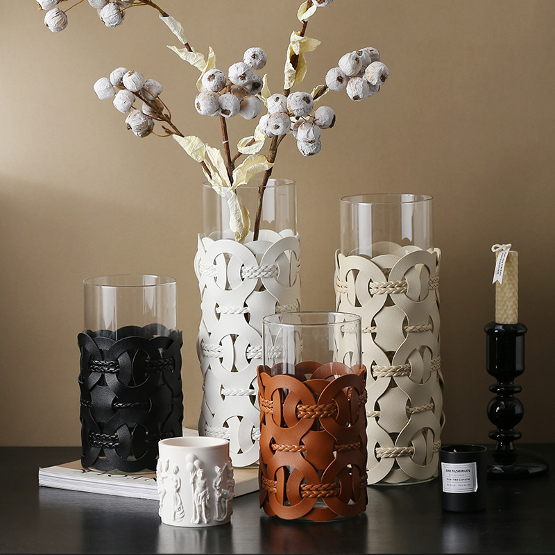 高级感手工编织直筒玻璃花瓶皮革花器现代软装简约插花桌面摆件