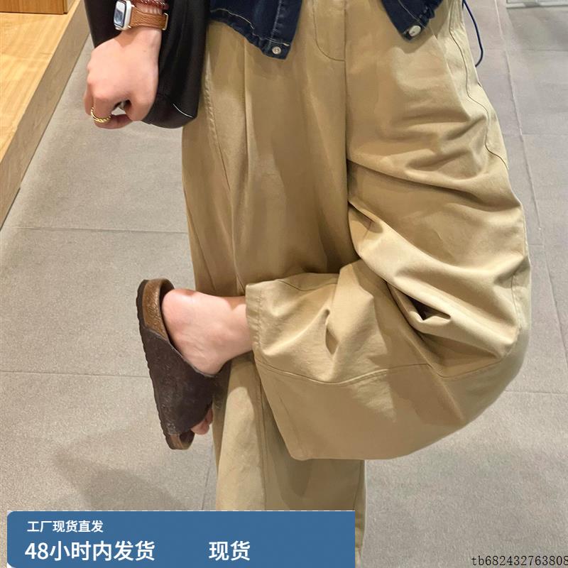 2025早秋新款韩版复古深卡其色微弯刀阔腿版型高腰显瘦休闲裤子女