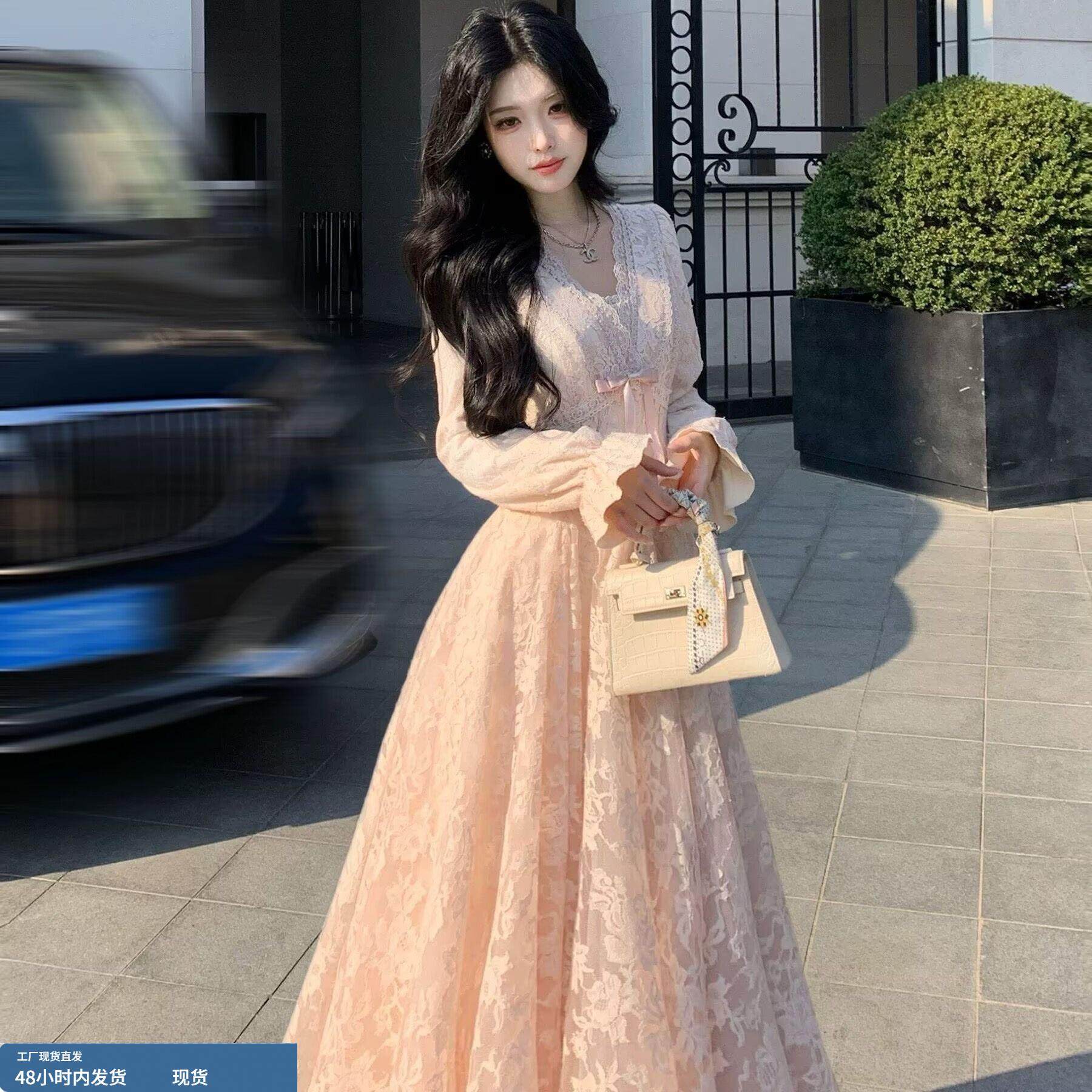 法式纯欲风粉色蕾丝连衣裙女秋装大码胖mm气质收腰显瘦蓬蓬A字裙