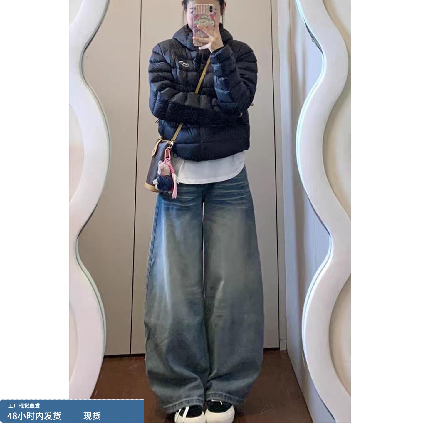 小个子低腰牛仔裤女秋冬2025新款初中高中学生版型超好看的阔腿裤