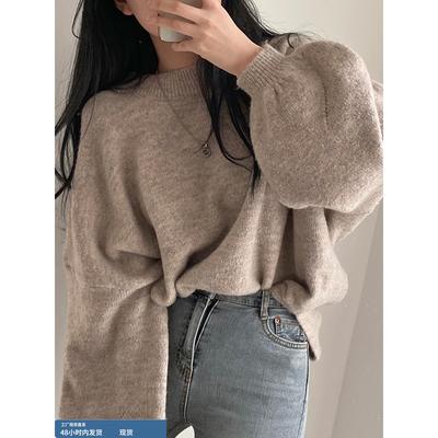 慵懒宽松圆领毛衣针织衫上衣女秋冬2025新款韩版短款灯笼袖毛线衣