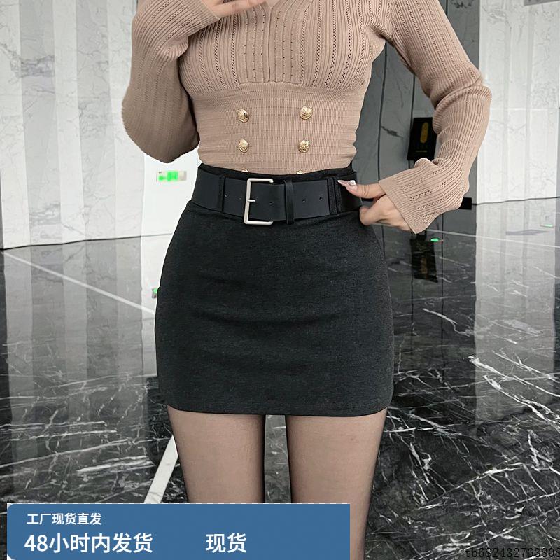 配腰带黑色西装半身裙女2025夏季新款高腰小个子显瘦包臀a字短裙