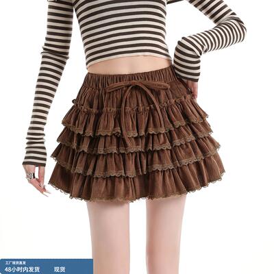 咖色丝绒蛋糕裙女秋冬2025新款松紧高腰短裙防走光a字蓬蓬半身裙