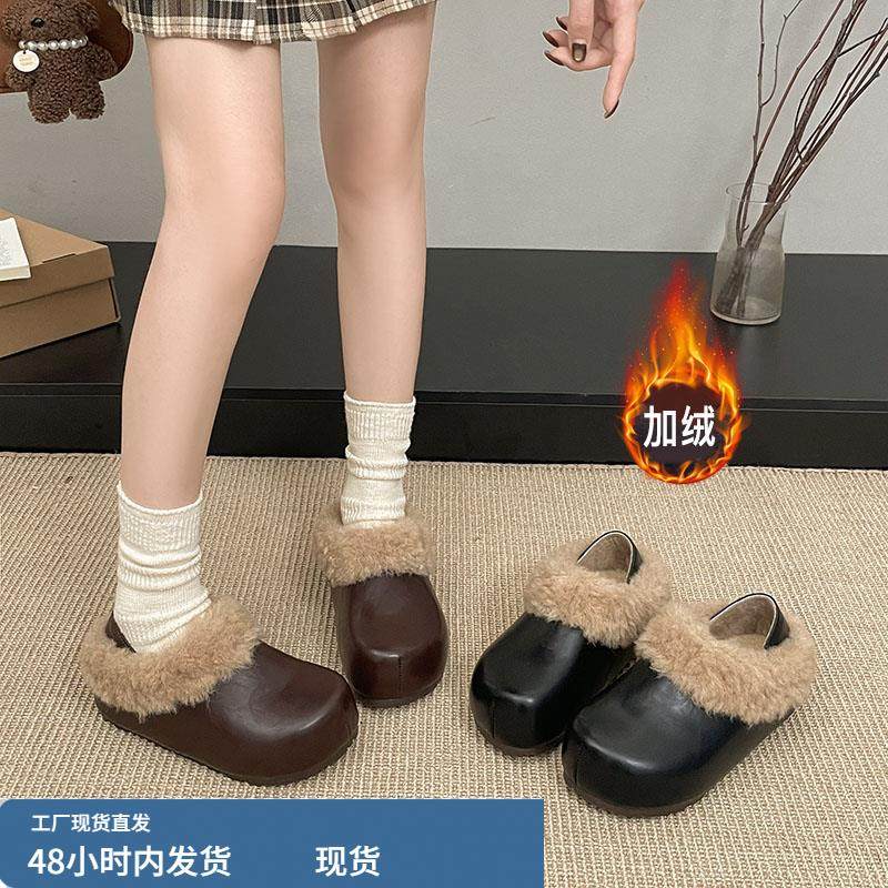 厚底一脚蹬加绒皮面勃肯鞋女2025秋冬新款全包毛毛鞋子乐福鞋棉鞋