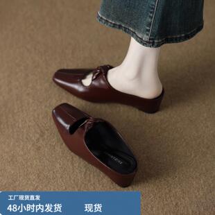 真皮巨好看内增高包头半拖鞋女夏天外穿厚底绝美超火懒人凉拖单鞋