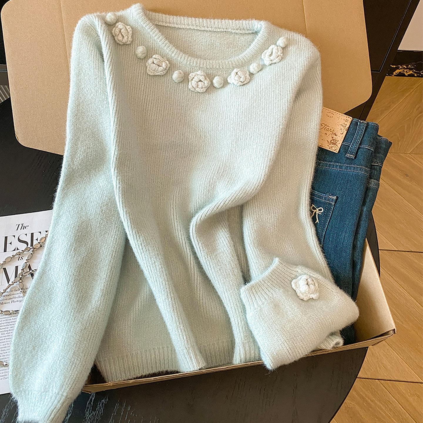 温柔薄荷绿立体花朵针织衫女秋冬宽松软糯毛衣法式甜美内搭打底衫