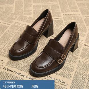 牛皮版~英伦风jk小皮鞋女加绒粗跟通勤乐福鞋复古双扣带高跟单鞋