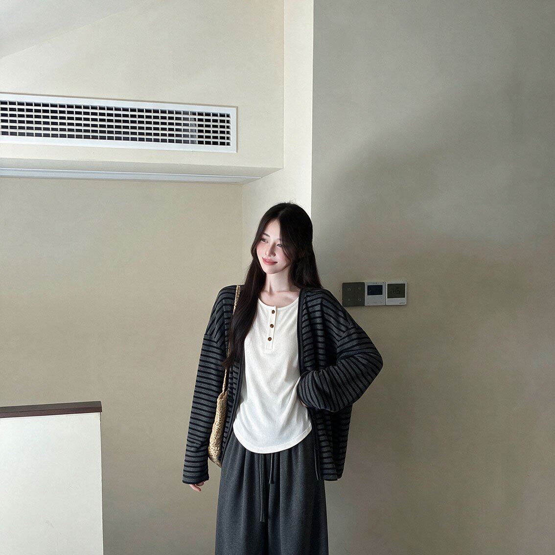 实拍大码女装秋季慵懒风美式撞色条纹长袖内搭背心休闲长裤套装