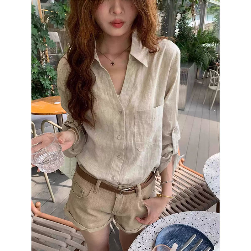 原麻色亚麻老钱风衬衫女夏薄款松弛感设计感V领棉麻衬衣防晒上衣