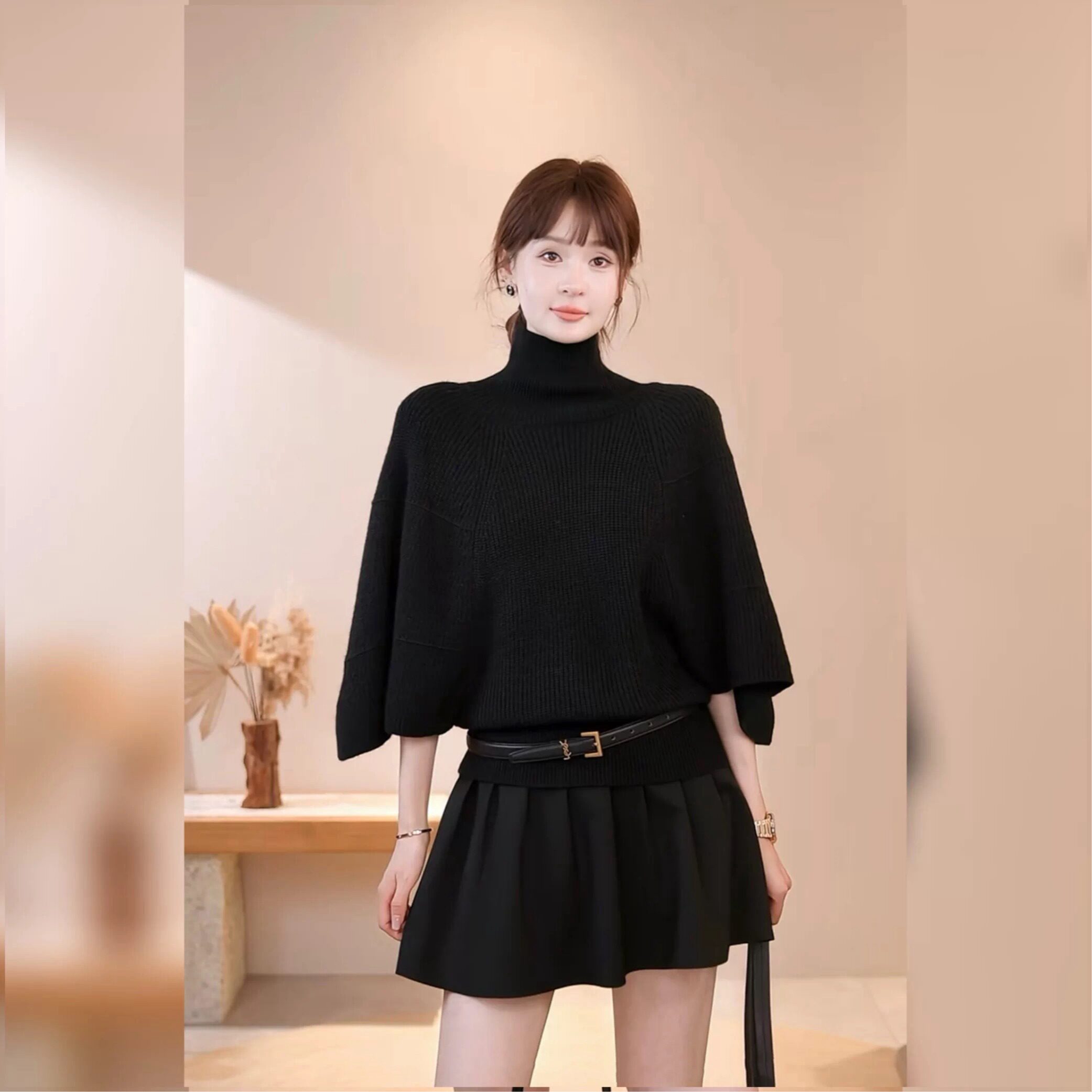 东大门秋季新款时髦宽松显瘦斗篷蝙蝠袖高领针织衫毛衣女