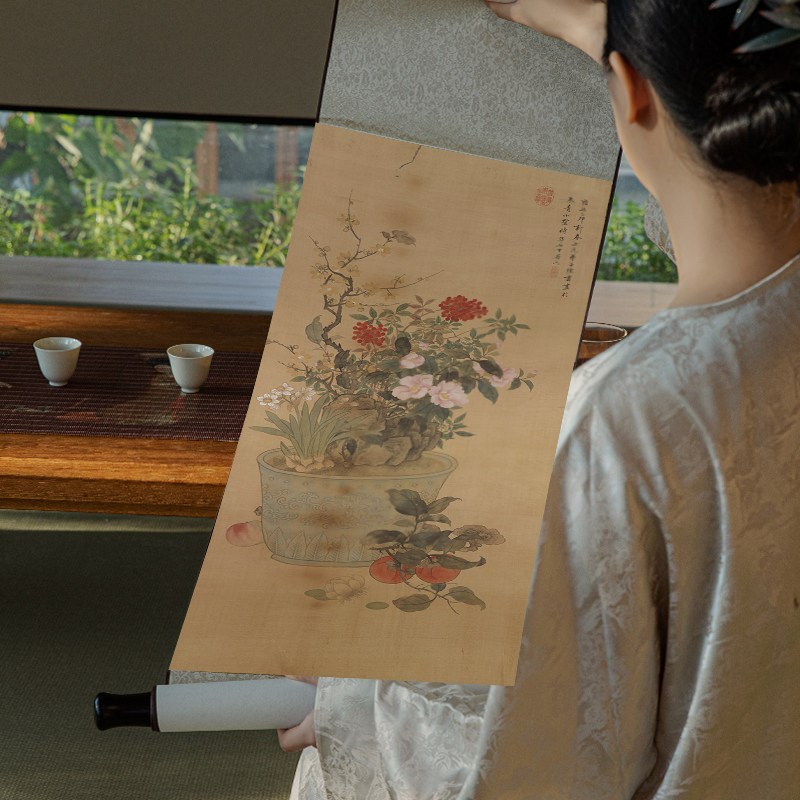 速发新中式卷轴挂画花鸟书房茶室创意装饰画客厅玄关过道宣纸挂画