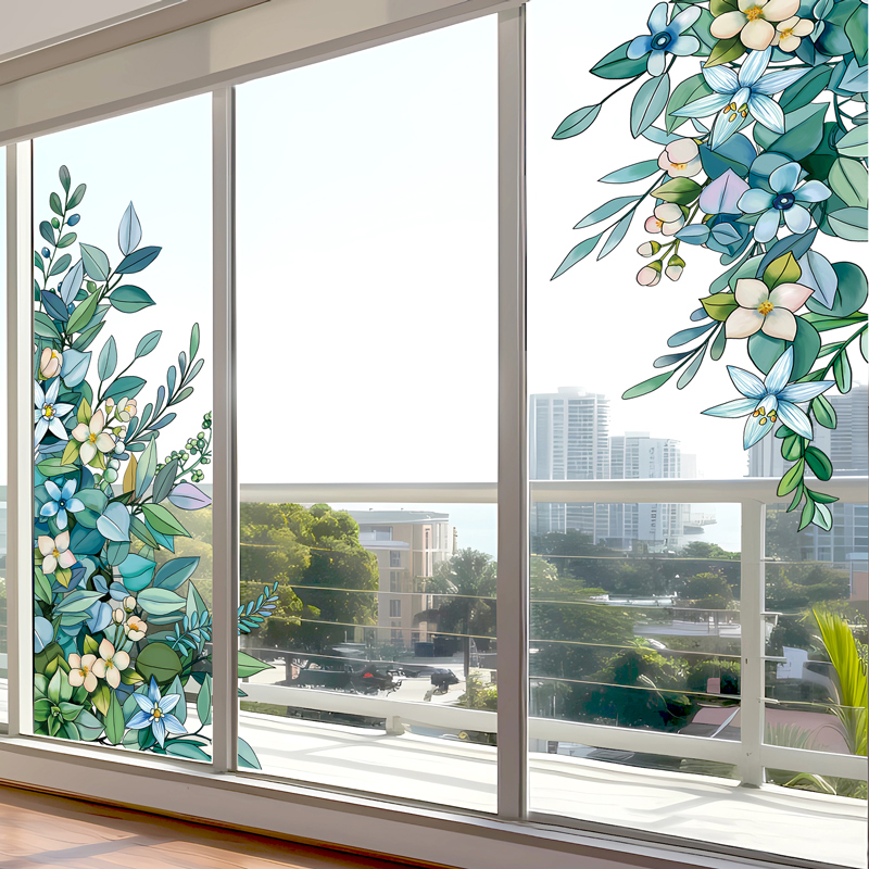 速发客厅台玻璃门装绿对角花卉贴纸饰植小清新卧贴门室推拉门窗贴