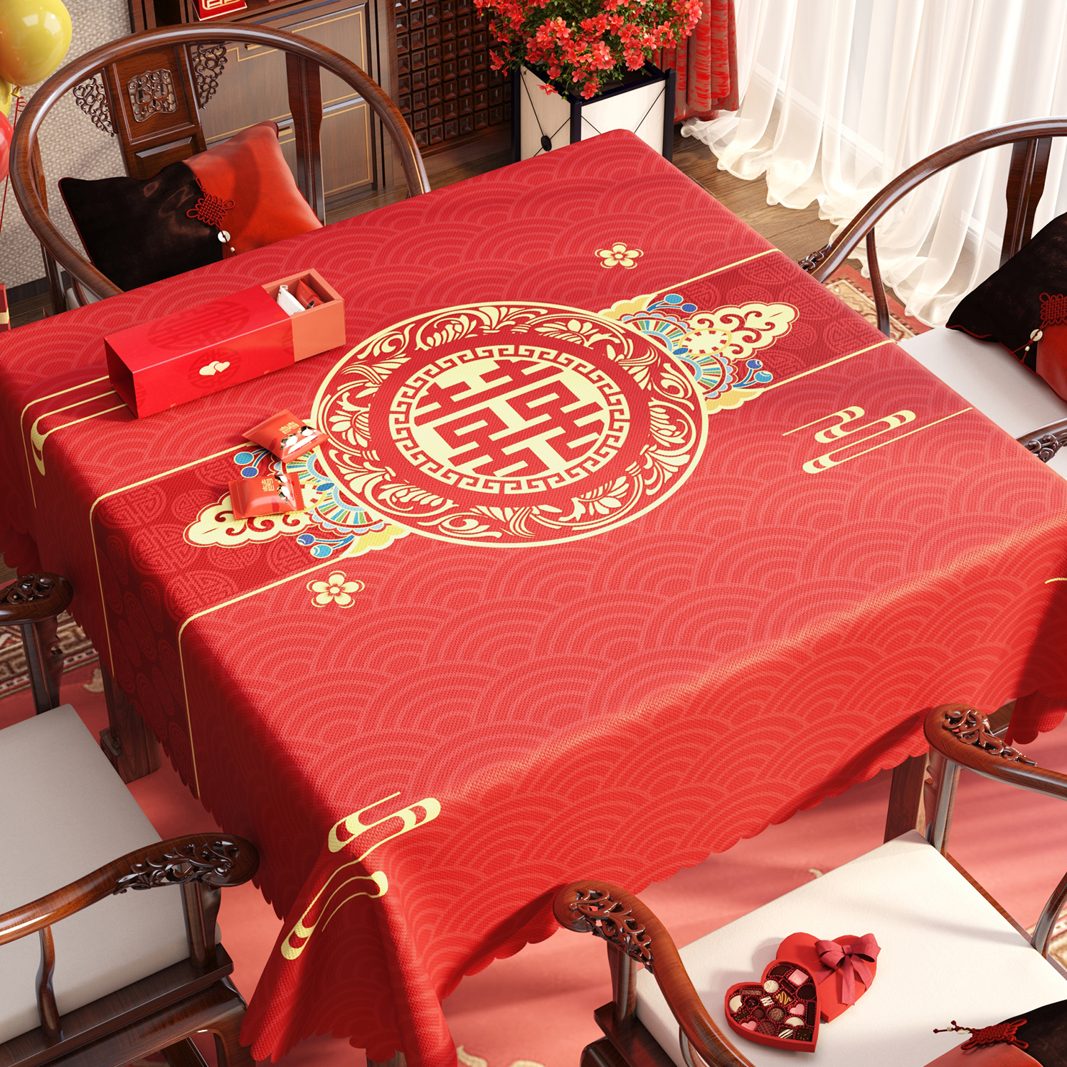 速发结婚茶几桌布红桌婚方形餐桌喜字色布新正喜庆婚礼小方桌订婚