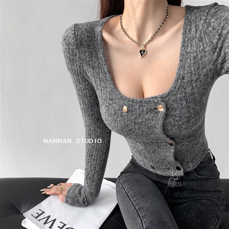 速发芳心纵袖纯欲方领低胸双排扣织针开衫毛衣短款长火打底上衣