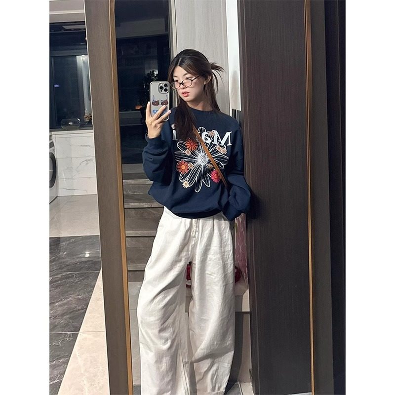 速发美式复色藏青古花季短款卫衣秋冬朵小个子宽松圆领印花无帽上