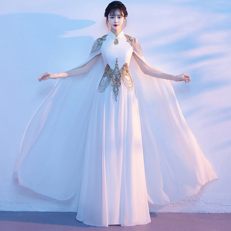 速发白色古筝演奏服装成人中国风舞台大合唱演出服长裙琵琶二胡服