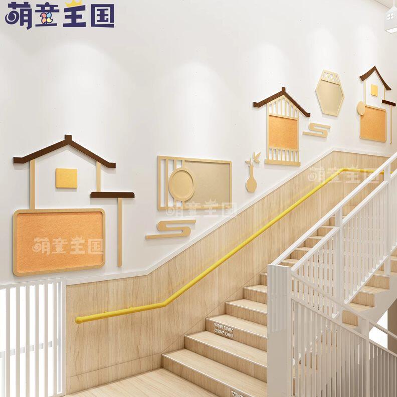 幼儿园环创楼梯间走廊过道墙面装饰文化墙简约风飞檐流云中式楼梯