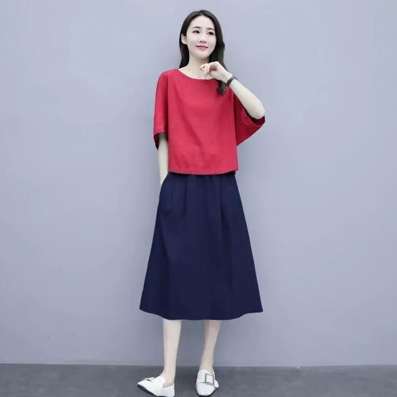 棉麻套装裙2024夏装新款女装休闲文艺亚麻裙子两件套中长款半身裙