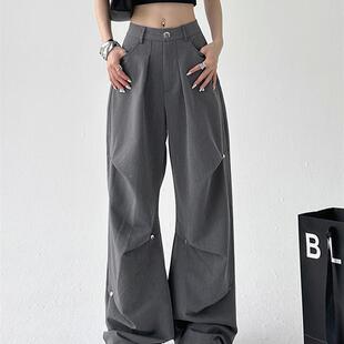 工装裤女夏天2024新款美式高街直筒阔腿裤高腰宽松休闲拖地西装裤