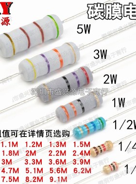 1/6W1/4W1/2W1W2W3W5W碳膜电阻100R150R200R240R300R360R470R510R