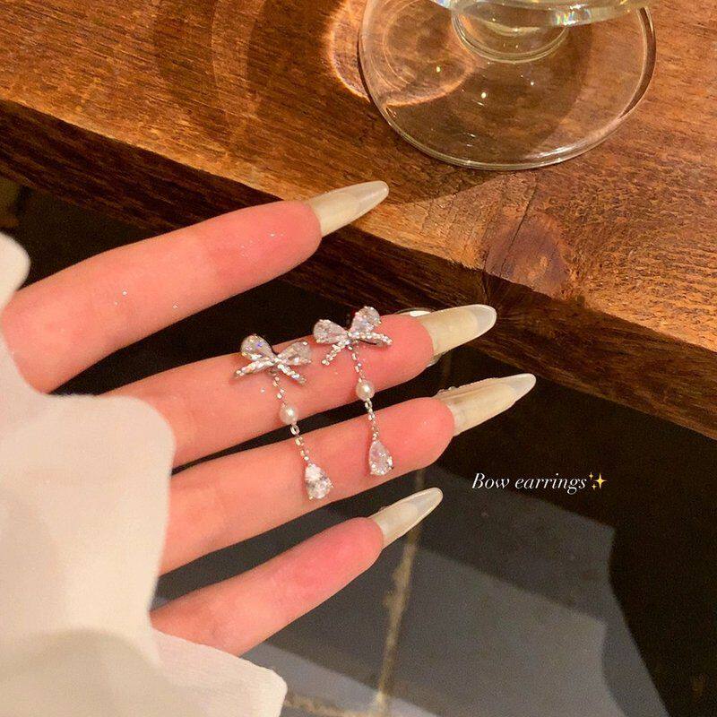 芒果饰品 铜合金锆石耳饰 韩系蝴蝶结水滴流苏耳环女气质耳针耳饰