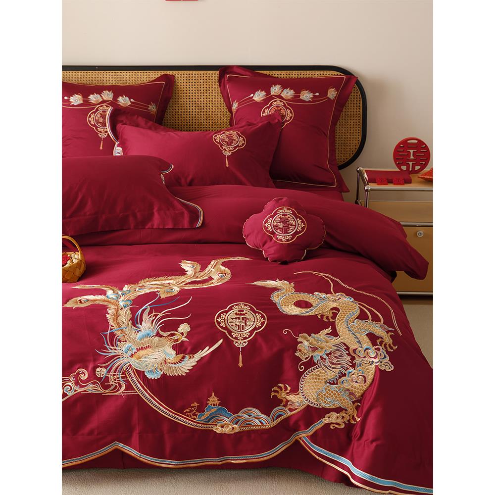 恒洽家纺中式婚庆全棉床单四件套100支双股澳棉结婚被套床上用品