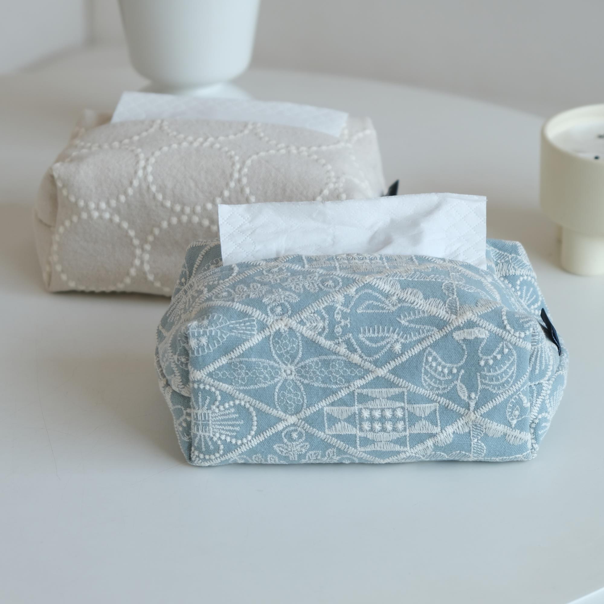 ins重工玫瑰绣花纸巾盒法式棉麻布艺刺绣纸巾套纸巾袋抽纸收纳