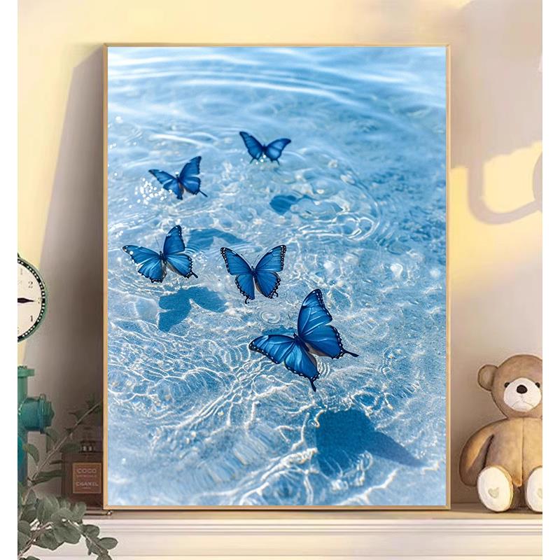 DIY方钻满钻钻石画钻石绣小清新蓝色海水蓝蝴蝶粘贴钻点钻十字绣